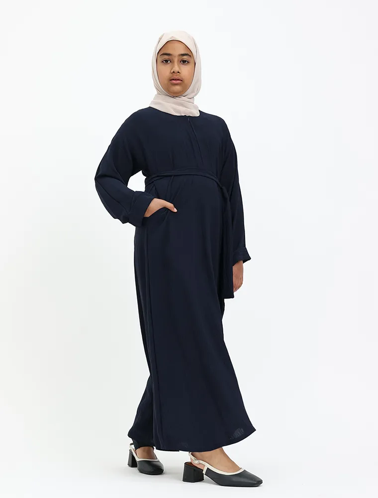 Navy Linen Feel Basic Girls Abaya